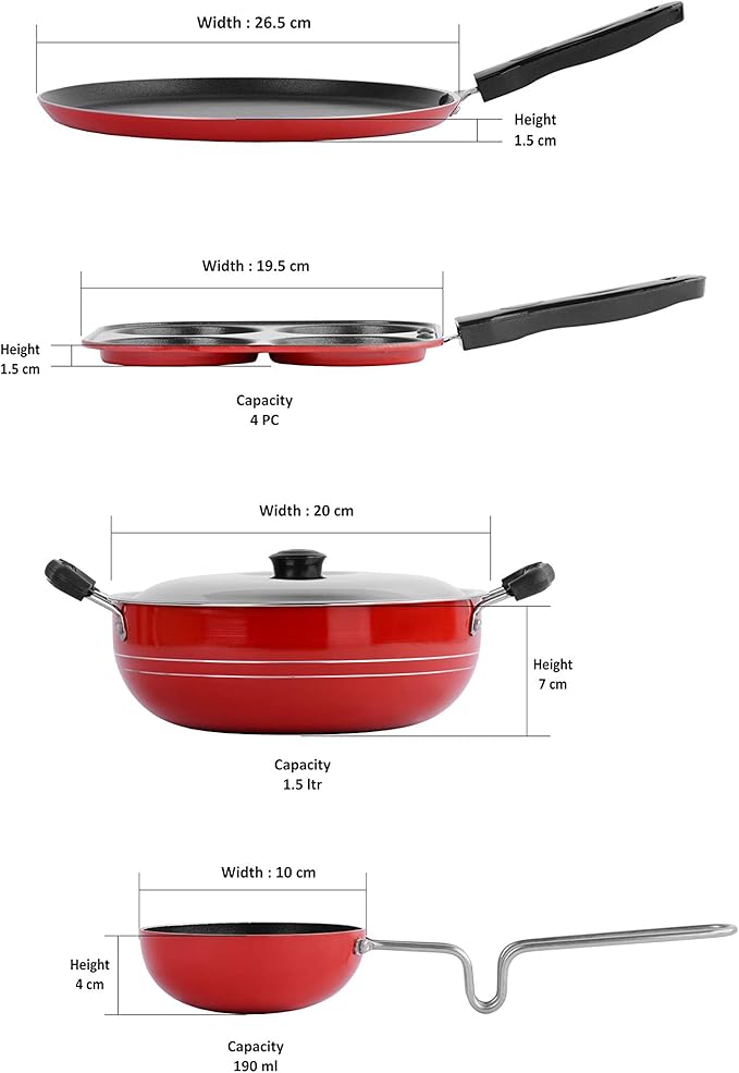 Sumeet 2.6mm Thick Non-Stick Rudh Cookware set (Dosa Tawa – 26.5cm Dia + Mini Multi Snack Maker – 19.5cm Dia + Kadhai With Lid – 1.5Ltr capacity- 20cm Dia + Tadka Pan – 10cm Dia)