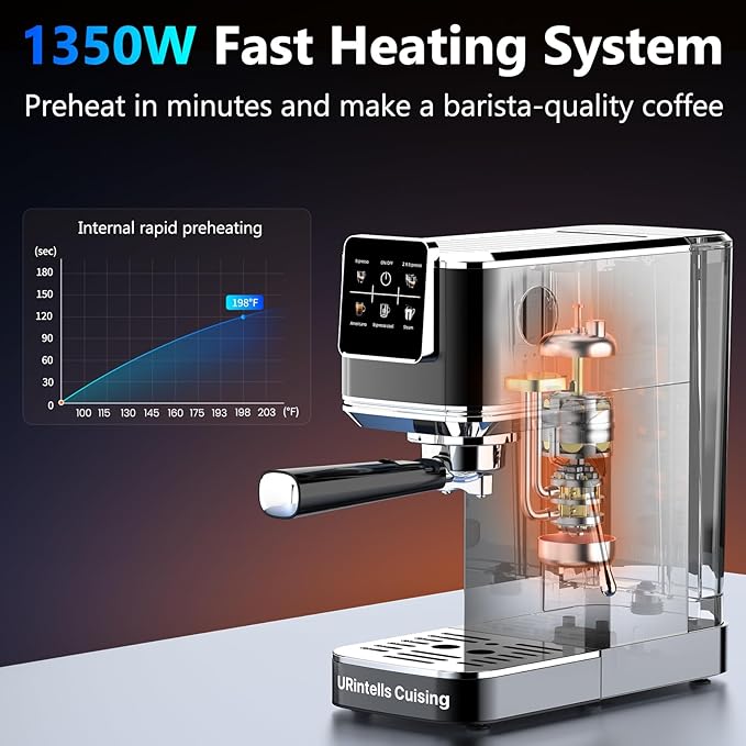 Espresso Machine 20 BarTouch Screen Espresso Maker with Steam Milk FrotherStainless Steel Expresso Coffee Machine for Cappuccino Latte Cold Brew1350W Fast Heat Up SystemBlack