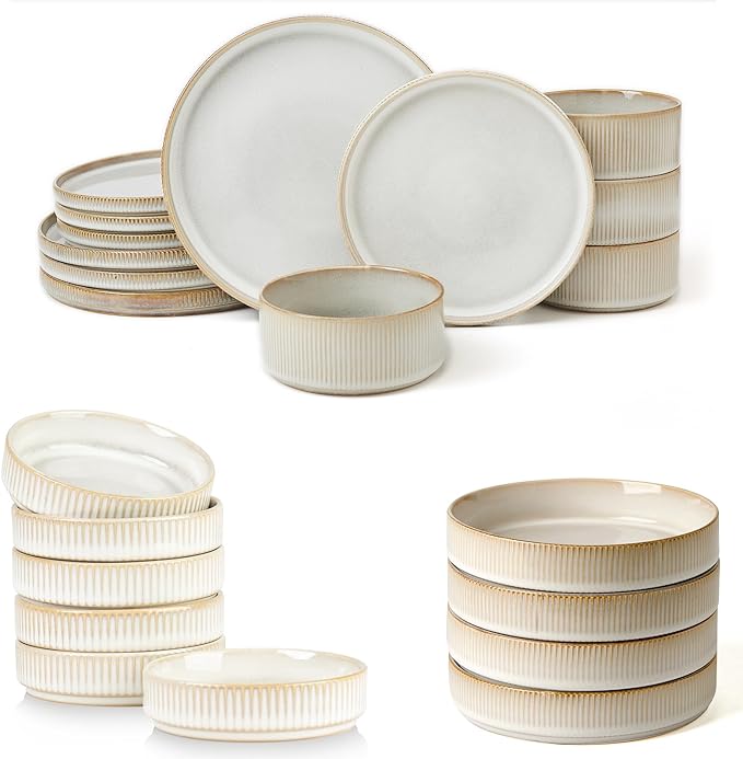 Famiware Dinnerware Set for 4 (12 Piece) and 7.5 Paste Bowl Set (4 Piece) and 4oz Dipping Bowl Set (6 Piece) - Star Stoneware Dishes - Cappuccino White