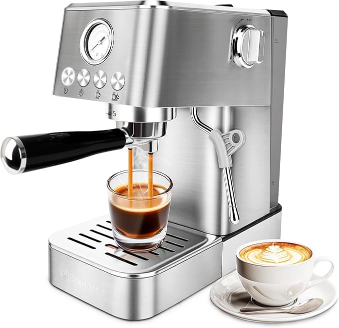Sorgente 20 Bar Espresso Machine Stainless Steel Coffee Maker with Milk Frother 1350W Fast-Heating for Home Cappuccino &amp Latte Visible Pressure Gauge Silver