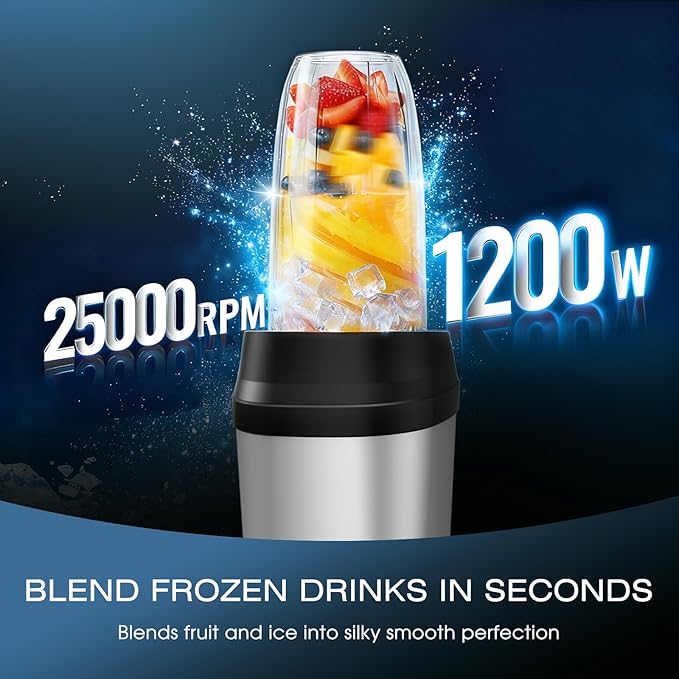 Nahida Blender for Smoothies 1200W Smoothie Blender for Ice Crushing Blenders with (2) 6-Fin Blades Personal Blenders for Kitchen with 23oz 32oz 37oz Easy Go Cups for Juices Silver