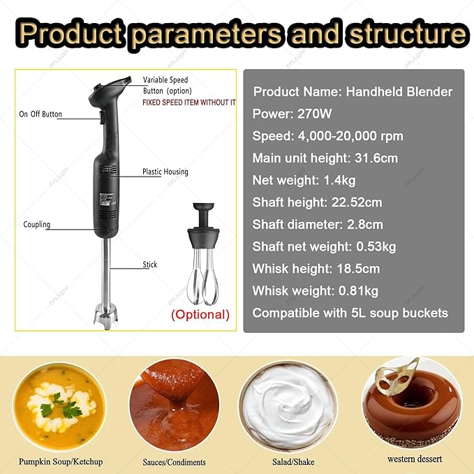 Low-Noise 270w Immersion Blender with Ergonomic Grip304 Stainless Steel Dual-Blade for EmulsifyPuree SmoothiesWhisk Optional Addawhisk