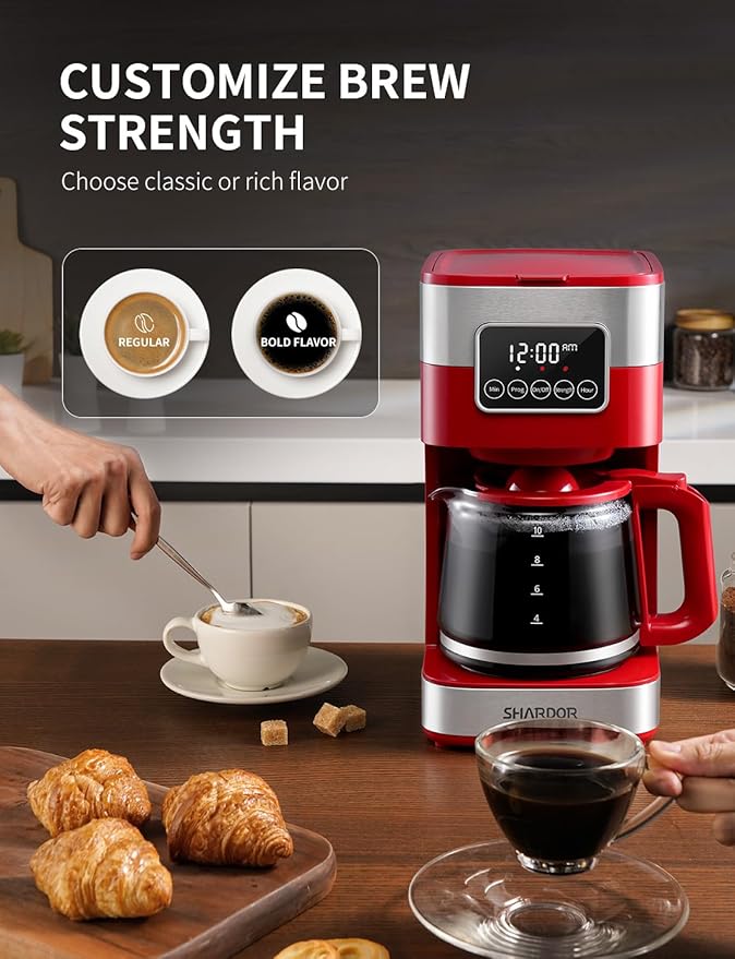 SHARDOR 10-Cup Programmable Coffee Maker Regular &amp Strong Brew Drip Coffee Machine for Home and Office Auto Shut Off Permanent Filter (red)