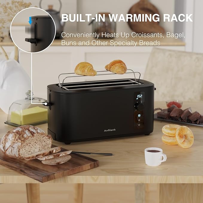 Toaster 4 Slice Long Extra Wide Slot 1.5 with Countdown Timer 6 Browning Settings Built-in Warming Rack Bagel/Cancel/Defrost Functions Removable Crumb Tray-Matteblack