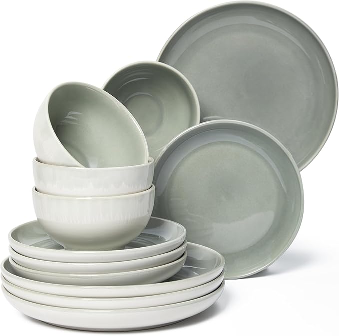Stoneware Dinnerware Sets Service for 12 36 pcs Reactive Glaze Plates and Bowls Sets Handmade Ceramic Dish Set Highly Chip and Crack Resistant Modern Plate Set Gradient Green