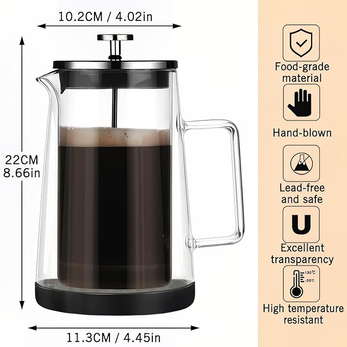 French Press Coffee Maker 34Oz - Double-Wall Insulated Borosilicate Glass - Ergonomic Handle - Coffee Gift - Tea &amp Coffee Press