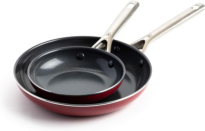 Textured Ceramic Nonstick 7 &amp 10 Frying Pan Skillet Set with Stainless Steel Handles PFAS PFOA &amp PTFE Free Dishwasher Safe Oven &amp Broiler Safe to 600 Degrees Red