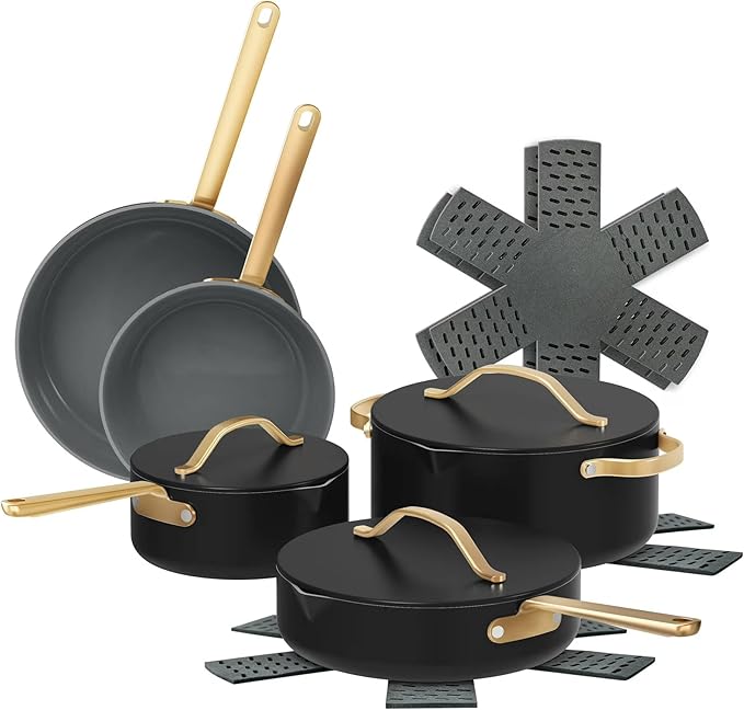 Nonstick Ceramic Cookware Set (12 Piece) Pots Frying Pans Lids and Kitchen Storage Oven Safe Pan Set &amp Compatible with All Stovetops - (Black Sesame)