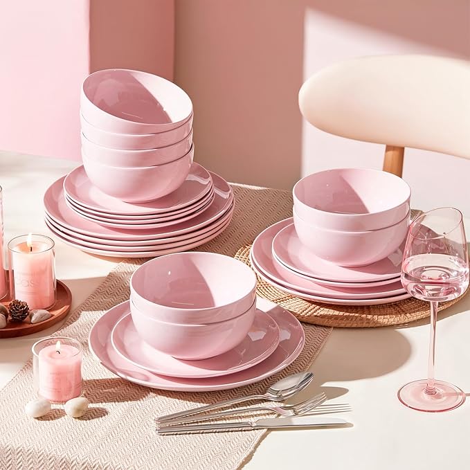 KINGSTONE Bone China Dinnerware Sets 18-Piece Dinnerware Set for 6 Lightweight Durable Dishwasher Safe Tableware for Daily Use with Elegant Design Pink