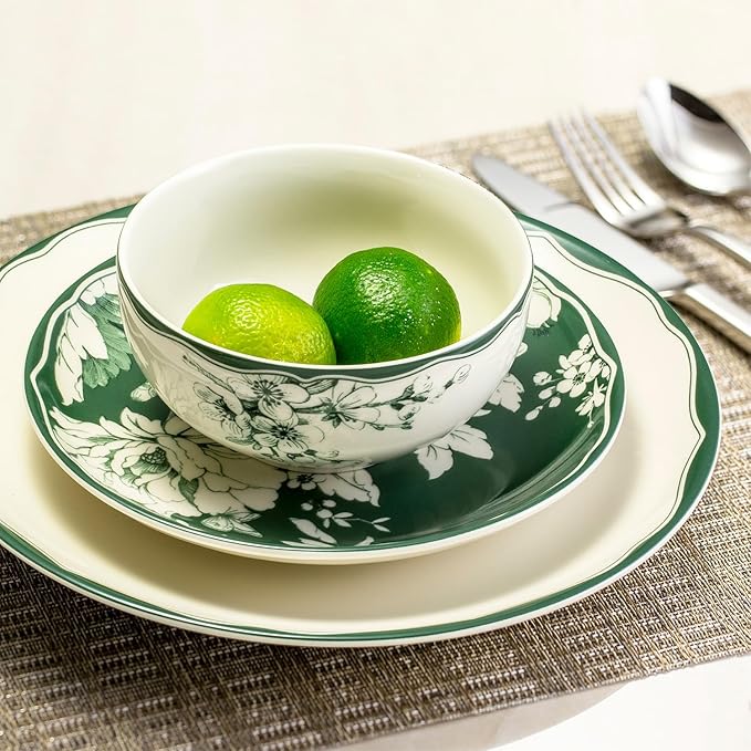 222 Fifth 12-Piece Porcelain Dinnerware Set for 4 White &amp Sage Green Plates and Bowls Set Glossy Ceramic Dish Set with Detailed Floral Design Microwave &amp Dishwasher Safe Dishes for Dining