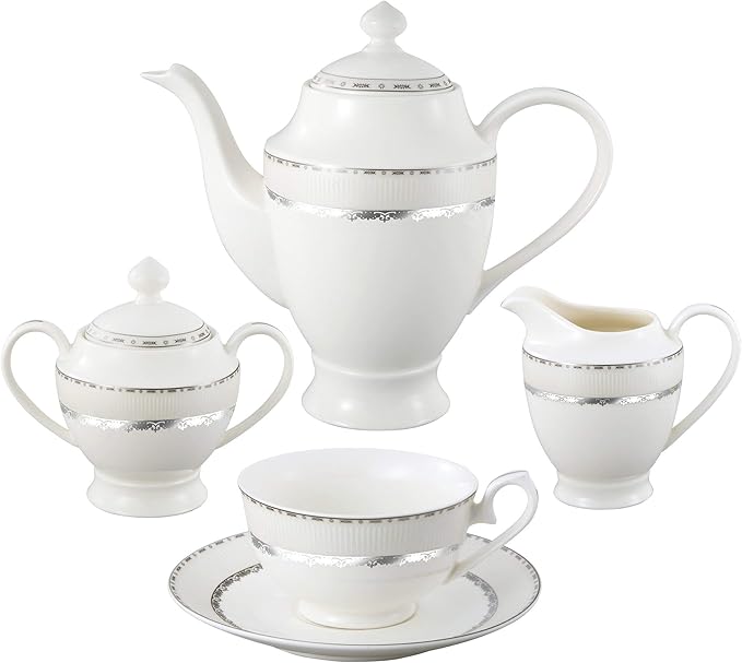 Lorren Home Trends La Luna Bone China 57-Piece Silver Embossed Design Dinnerware Set Service for 8