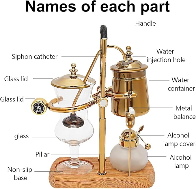 Belgium Luxury Royal Family Balance Syphon Siphon Coffee Maker with Tee Handle Elegant Retro-Style Design Vacuum Brewing Coffee Machine for Coffee Aficionados Coffee/Tea Dual-Use