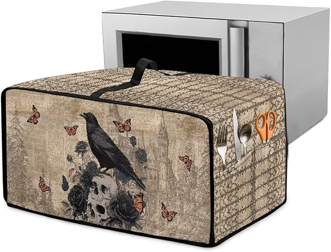 Toaster Oven Dust Cover Crow Butterfly Rose Print Microwave Oven Cover Heavy Duty Bread Maker Machine Covers with Side Pockets Kitchen Small Appliance Protector M