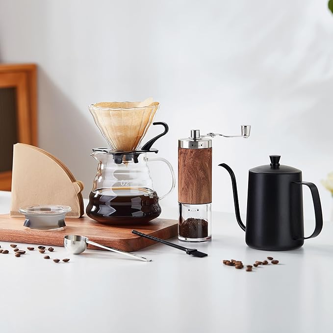 Unbreakable Pour Over Coffee Maker Set – 6-Piece Set with Coffee Maker Hand Coffee Grinder Hand Drip Kettle V60 Filters (40 Sheets) and Measuring Spoon – Perfect for Home Brewing and Travel