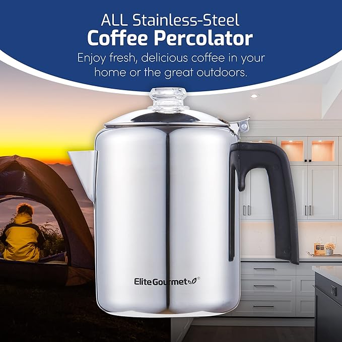 Elite Gourmet EC008X Classic 8-Cup Stovetop Coffee Percolator Glass Clear Brew Progress Knob Cool-Touch Handle Stainless Steel