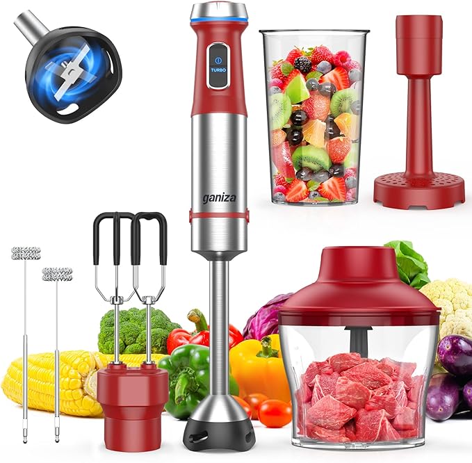 Ganiza Immersion Blender Handheld 6 in 1 Hand Blender Stainless Steel Blade 15 Speed Stick Blenders 800ml Mixing Beaker 600ml Chopper Whisk Frother Potato Masher Red