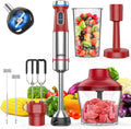 Ganiza Immersion Blender Handheld 6 in 1 Hand Blender Stainless Steel Blade 15 Speed Stick Blenders 800ml Mixing Beaker 600ml Chopper Whisk Frother Potato Masher Red