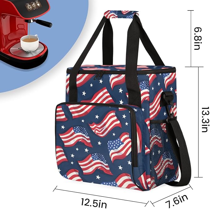 Star-Spangled Banner Coffee Maker Carrying Bag 4th of July Travel Storage Bag Compatible with K-Mini or K-Mini Plus Single Serve Coffee Brewer Carrying Case with Multiple Pockets &amp Shoulder Stra