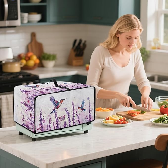 Lavender Hummingbirds Dustproof Toaster Cover with Side Pocket – Fits Most Standard Toasters Microwave Cover &amp Small Appliance Protector Cute Kitchen Decor Gift - S