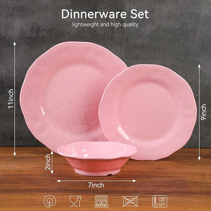 18 Piece Pink Dinnerware Set Lightweight Kitchen Dining Plates and Bowls Set Durable Melamine Dishes Set of 6 Unbreakable RV Camping Dishes Dishwasher Safe