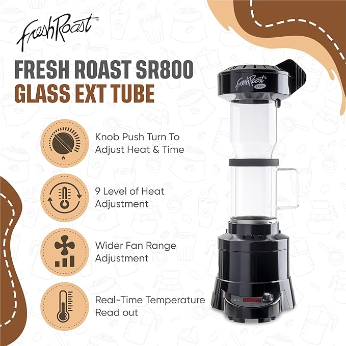 Fresh Roast SR800 Coffee Roaster Bundle – Home Coffee Roasting Machine with Glass Extension Tube Bean Cooler &amp Green Coffee Samples