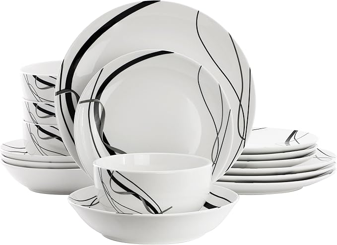 Elama Sarah 16 Piece Porcelain Double Bowl Black Ribbon Dinnerware Set Service for 4 in White and Black