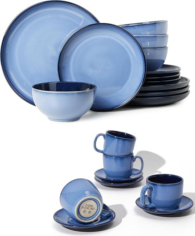 16 Pieces Dinnerware Sets with Coffee Cups with Saucers Blue