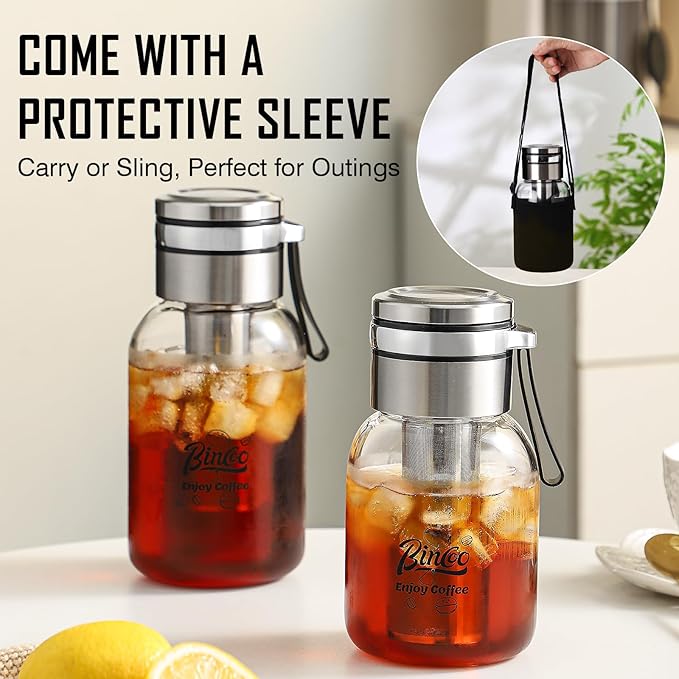 Bincoo Tea Infuser Bottle Glass Cold Brew Coffee Maker with Extended Long Filter – Premium Durable Easy-to-Clean Glass Bottle Stainless Steel Filter for Smooth Coffee &amp Tea (17oz / 500ml)