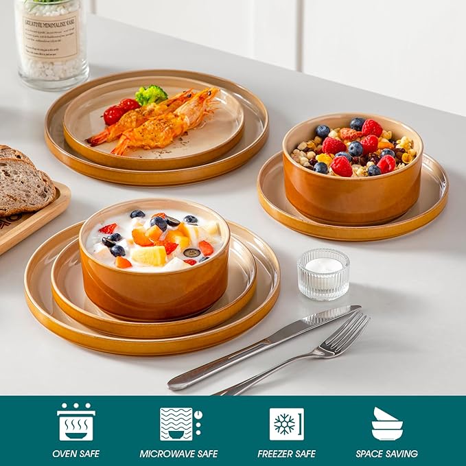 vancasso ONION Ceramic Plates and Bowls Sets 12 Pieces Brown Dinnerware Sets for Kitchen Reactive Glaze Dishes Set for 4 Dishwasher and Microwave Safe