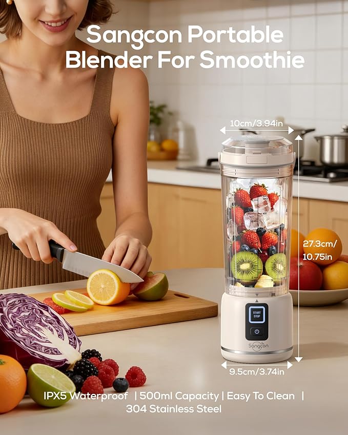 Sangcon Personal Portable Blender for Shakes &amp Smoothies 6000mAh Cordless USB-C Rechargeable Blender with 2 Blend Modes Leakproof Travel Lid Dishwasher Safe Ideal for Gym Office Kitchen BPA-F