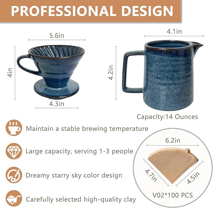 Ceramic Pour Over Coffee Maker Set Starry Blue Coffee Dripper Cone with 40 Filters 14 Ounces/400ml Pot