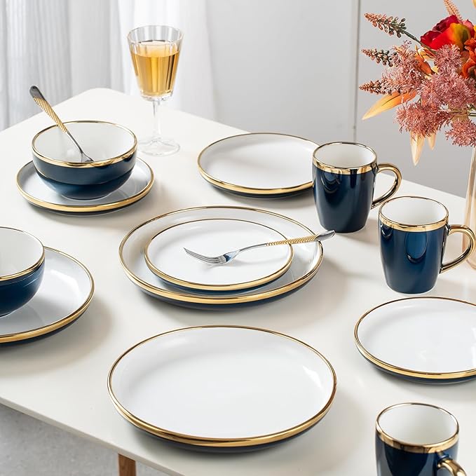 Stoneware Tableware Set for 4 Ceramic Dinnerware Sets with Gold Trim Including 10.5 Dinner Plates 7.75 Dessert Plates 6 Dinner Plates and 14oz Coffee Cups Porcelain (Blue Glod)