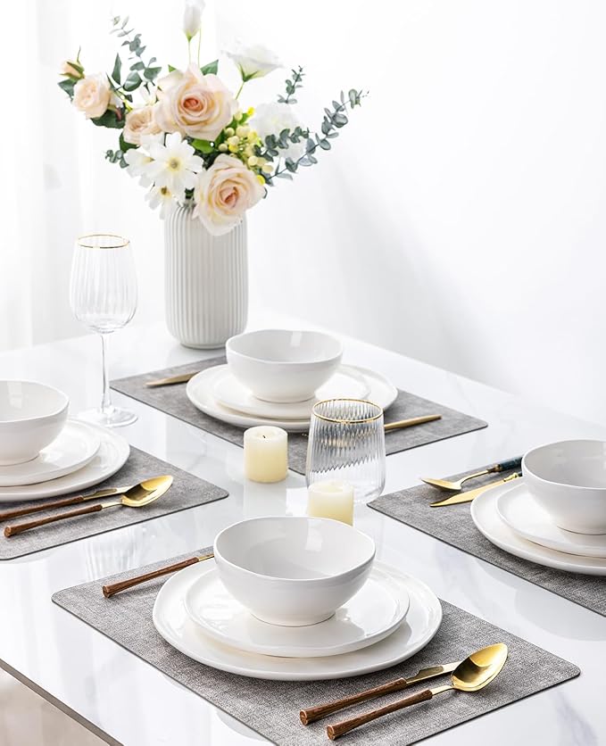 GBHOME Ceramic Dinnerware Sets for 4 12 Pieces Porcelain Lightweight Plates and Bowls Sets Scratch Resistant Dish Set Oven &amp Microwave &amp Dishwasher Safe Angel White
