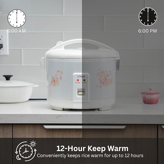 Tiger JNP-1500-LF 8 Cup Capacity White Rice Cooker with Non-Stick Inner Pot Retractable Power Cord and Keep Warm up to 12 hours (Flower)