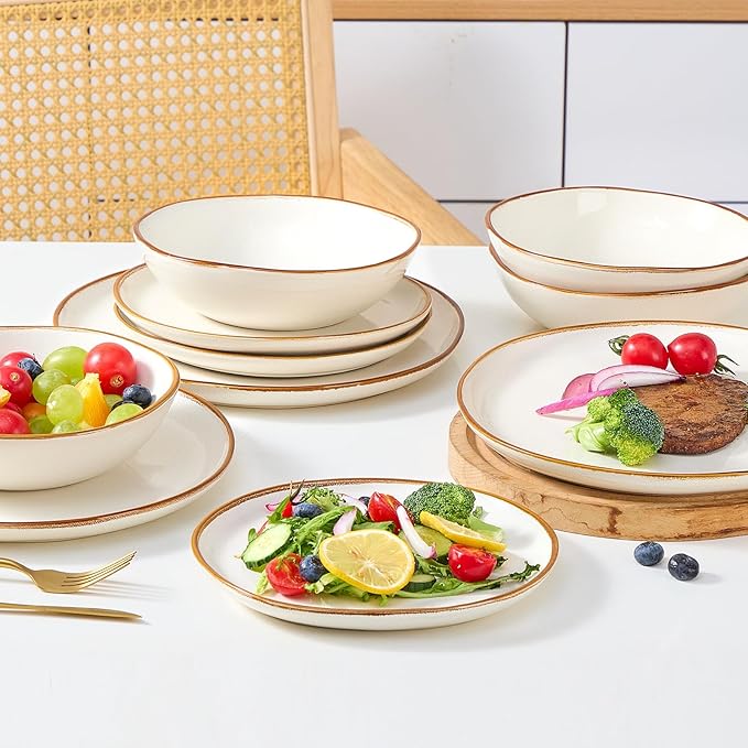 Bestone 12 Pieces Round Kitchen Dinnerware SetsPlates and Bowls SetsDishes Plates Bowls Dish Set Chip Resistant Ceramic Dinnerware Set Dishwasher/Microwave SafeService for 4Pearl White