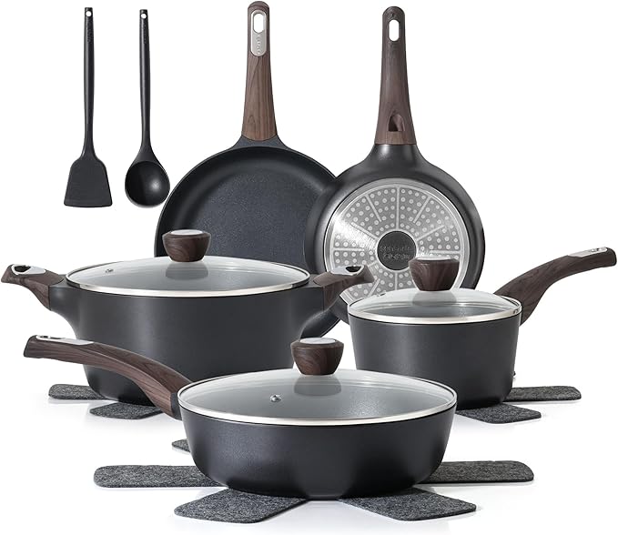 SENSARTE Pots and Pans Set Non stick Non toxic Healthy Induction Cookware Sets 14 Pcs Non Stick Kitchen Cooking Set with Frying Pans Set &amp Saucepan PFOA PFOS APEO Free Black