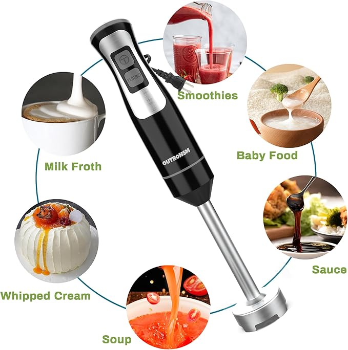 Immersion Blender Handheld OUTRONSM Hand Blender with 4-point thickened SS blades Milk Frother Egg Whisk for Coffee Milk Foam Puree Baby Food Smoothies Sauces and Soups – Black
