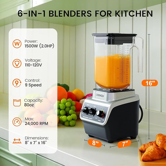 CRANDDI Professional Commercial Blender Max 1500W 80oz Pitcher Powerful Blender with Tamper for Smoothie Ice Crushing Variable 9 Speeds Control110V K96 Black