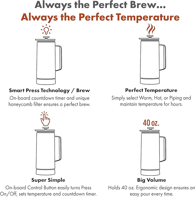 Nextmug Press - Temperature-Controlled Self-Heating French Press (Black - 40 oz.)