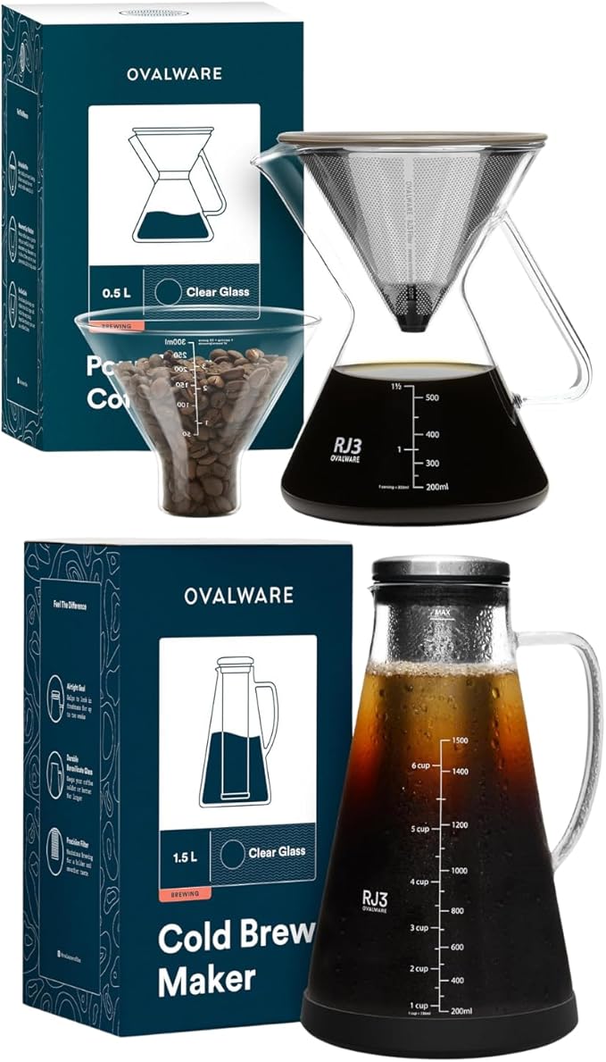 ovalware Pour Over Coffee Dripper Maker Paperless Stainless Steel Filter Precision Measuring Cup and Carafe with Airtight Cold Brew Iced Coffee Maker Pitcher RJ3 Brewing Glass Carafe