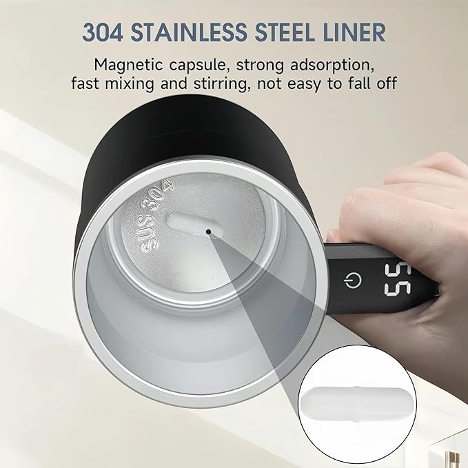 g – Automatic Stir Coffee Cup with Temp Display 13 Oz Rechargeable gs for Milk and Other Beverages (Black)