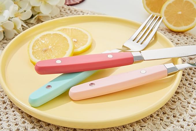 ANNOVA Silverware Set Retro/Rivet Colorful Stainless Steel Tableware Kitchen Flatware Set Utensils Includes Dinner Knives Forks Spoons Salad Forks &amp Dessert Spoons (Pastel Mix 20 Pieces)