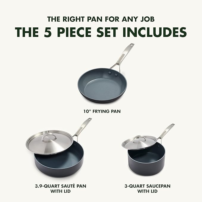 GreenPan Paris Pro Hard Anodized Healthy Ceramic Nonstick 5 Piece Cookware Pots and Pans Set with Stainless Steel Lids PFAS-Free Dishwasher Safe Grey