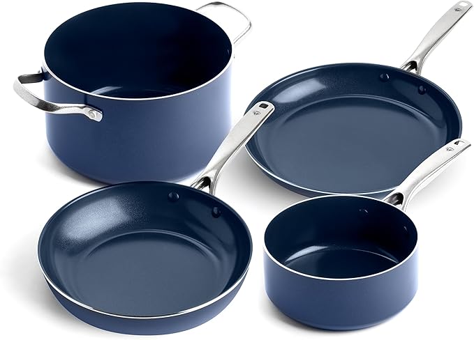Blue Diamond Cookware Diamond Infused Ceramic Nonstick 4 Piece Cookware Pots and Pans Set PFAS Free Dishwasher Safe Oven Safe Blue