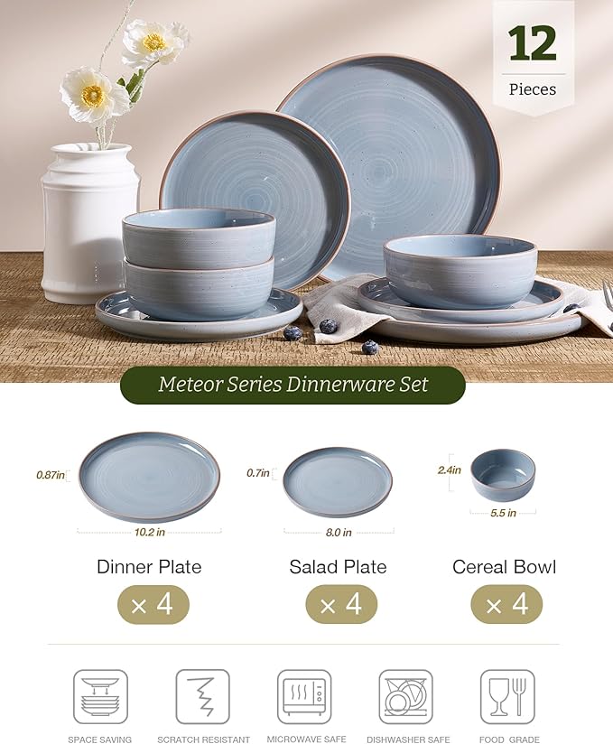 Famiware Meteor Plates and Bowls Sets for 4 12 Pieces Dinnerware Sets Microwave and Dishwasher Safe Dishes Set Blue Gray