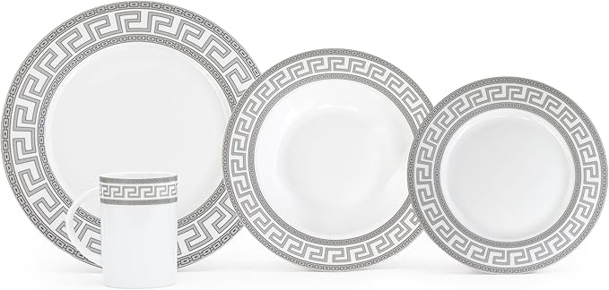 Porcelain Dinnerware Set for 1 - White and Silver Luxurious 4 Piece Greek Key Design - Elegant Dinner Plates with Mugs - Dining Kitchenware for Home Formal Occasions and Everyday Dishes
