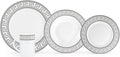 Porcelain Dinnerware Set for 1 - White and Silver Luxurious 4 Piece Greek Key Design - Elegant Dinner Plates with Mugs - Dining Kitchenware for Home Formal Occasions and Everyday Dishes
