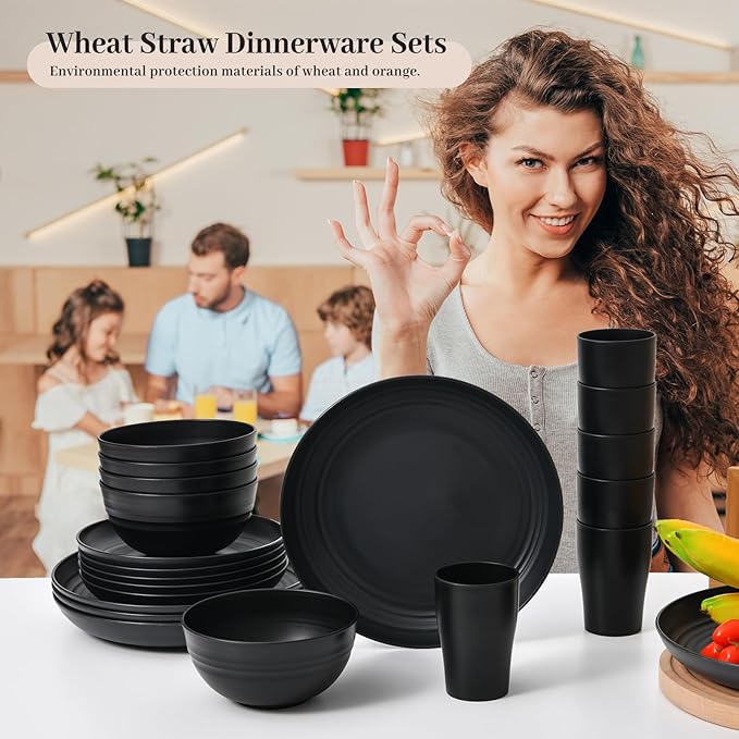 32 Piece Wheat Straw Dinnerware Set - Black Plates and Bowls for 8 Unbreakable Dishwasher &amp Microwave Safe Reusable Lightweight Tableware Ideal for Camping and Everyday Use