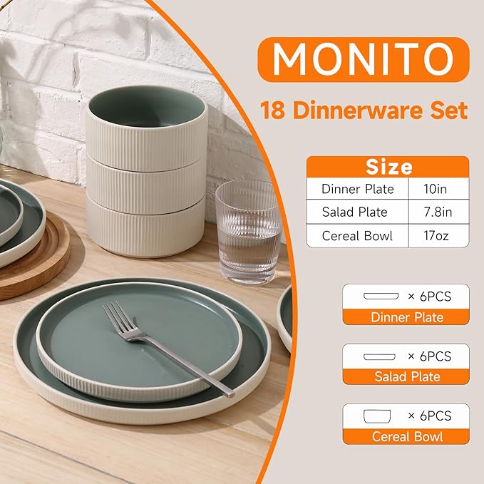 MONITO Ceramic Dinnerware Sets for 4 18PCS Stoneware Plates and Bowls Sets Reactive Glaze Dish Set Chip and Scratch Resistant Double Microwave and Dishwasher Safe White Cyan