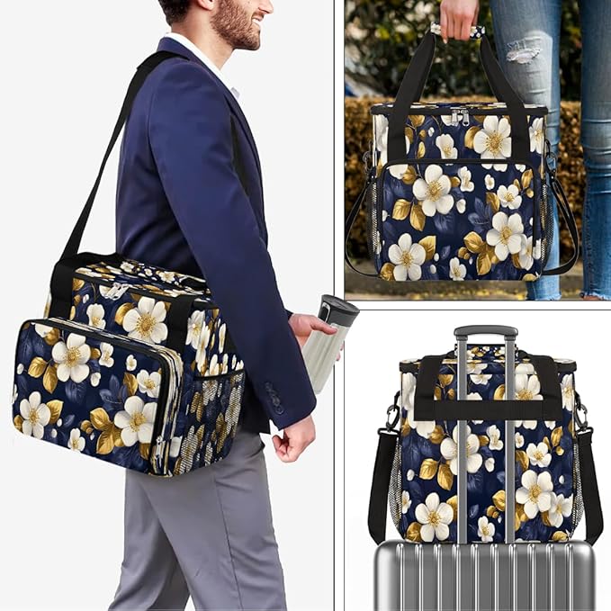 White Flowers Golden Leaves Coffee Maker Carring Bag Travel Carrying Storage Tote Bag Compatible with Keurig K-Mini or K-Mini Plus Portable Single Serve Coffee Brewer Case with Pockets for K-cup Pods